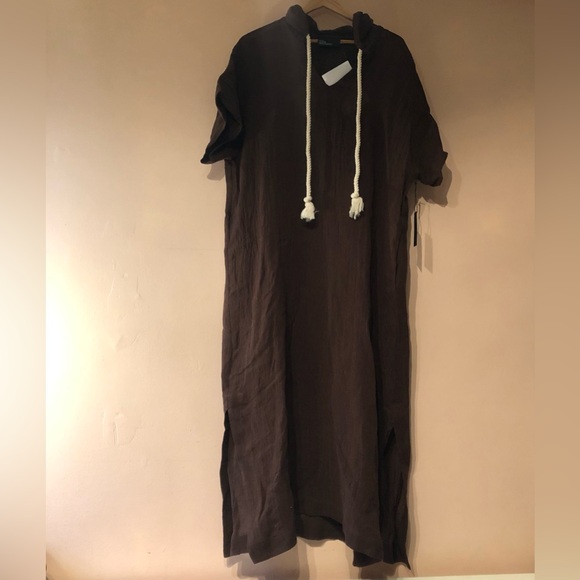 LISA MARIE FERNANDEZ Linen Blend Gauze Brown Drawstring Hooded Kaftan, S/M - Picture 3 of 10